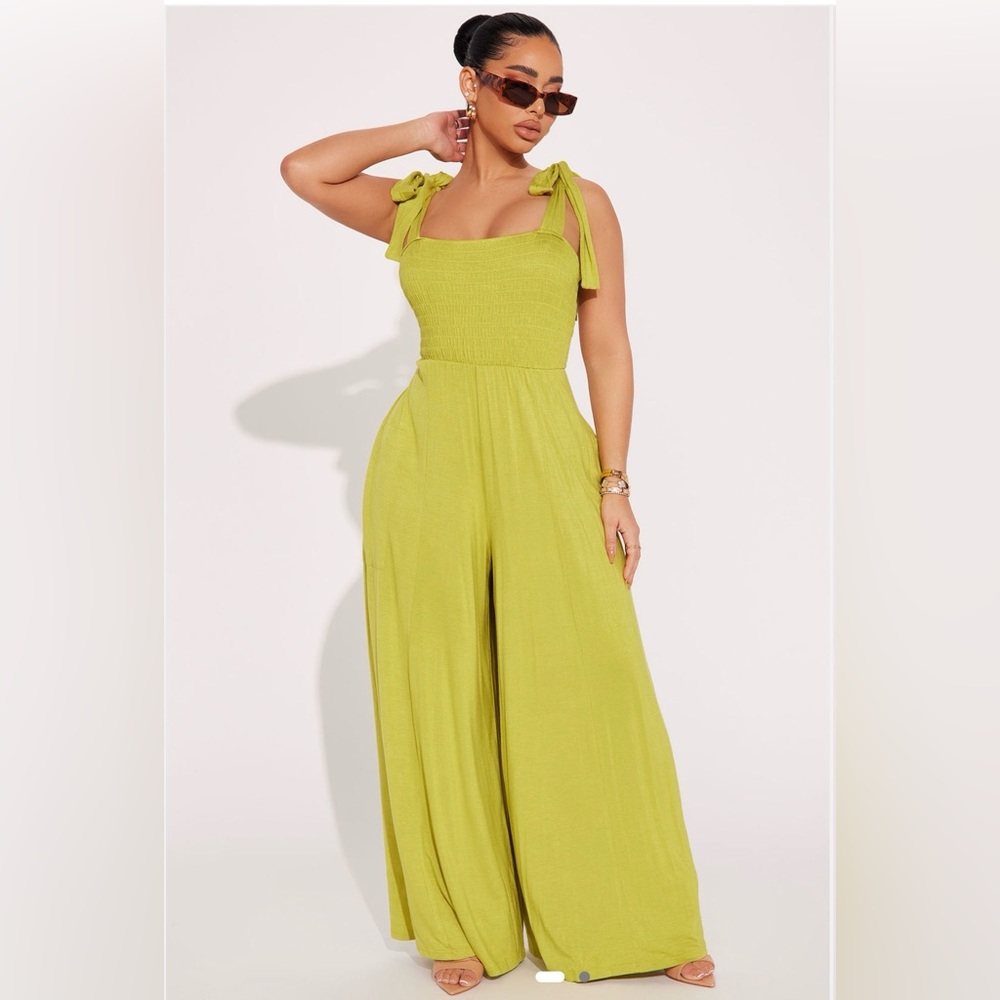Fashion Nova Lime Green Tie-Shoulder Wide Leg Jumpsuit